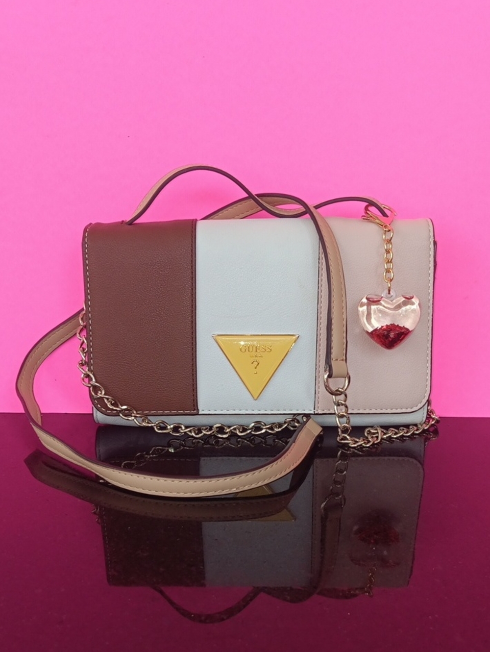 GUESS Tri-Tone Colorblock Crossbody Bag in Brown, White & Cream Size 8.5+5+1.5